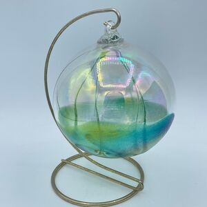 Art Glass Hand Blown Sphere Witch's Ball Iridescent Green w/ Display Stand